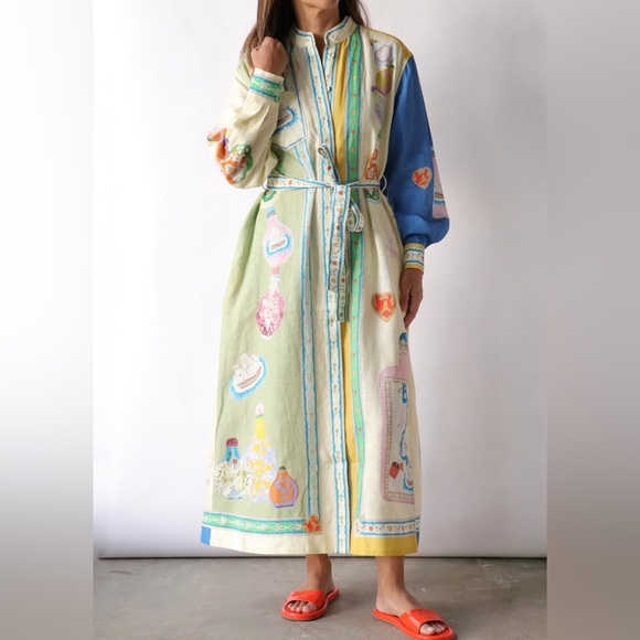 ALEMAIS Elixir Shirt Dress Maxi in Yellow, Green and Blue, New with Tags - Picture 1 of 11